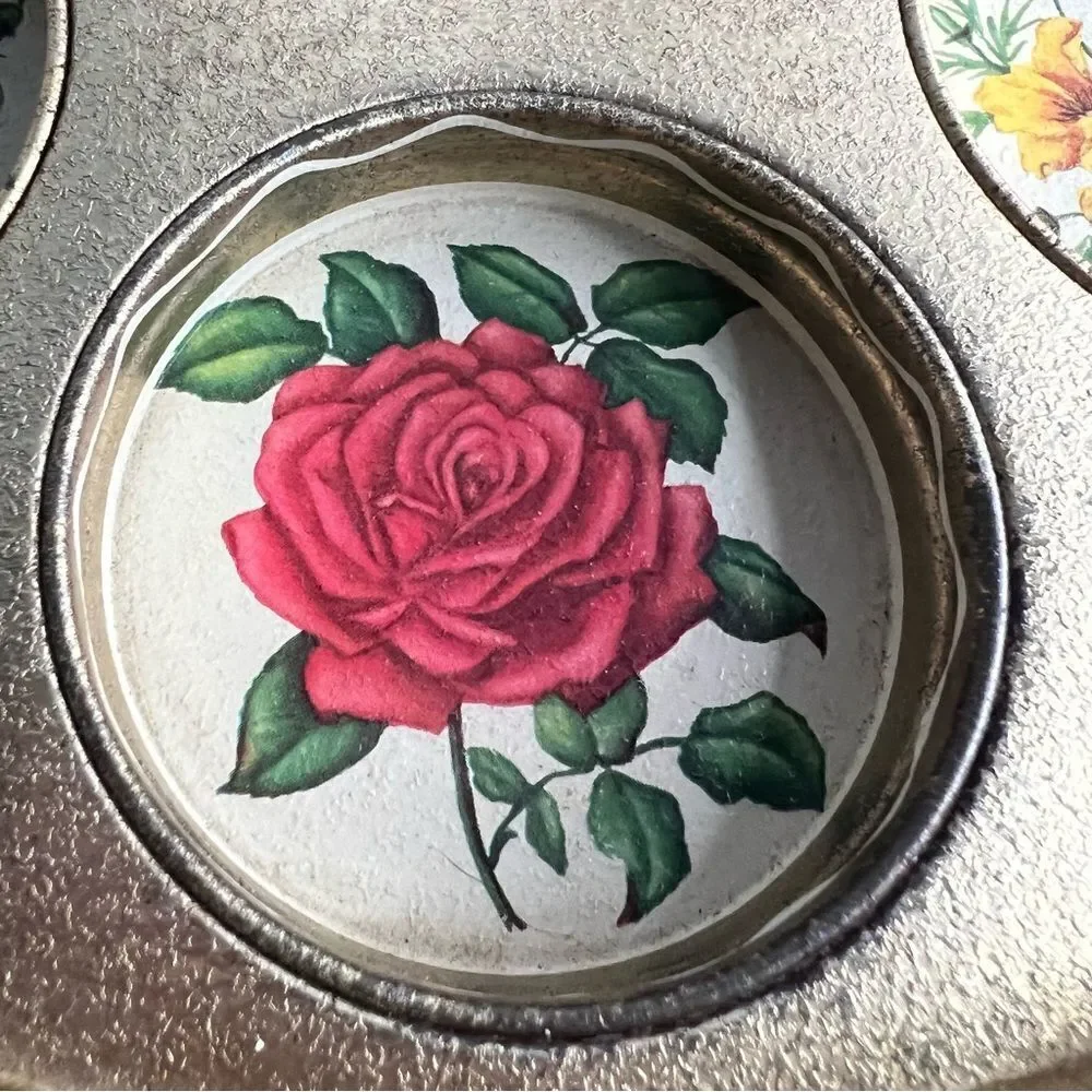 Vintage MCM Arkansas Floral Serving Tray Tin Barware Drink 7 Tumblers